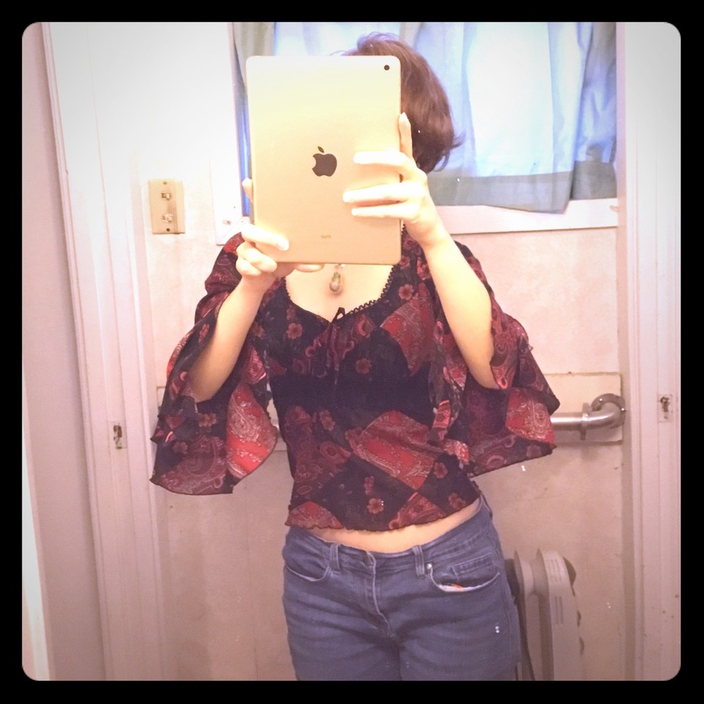 S boho sheer top bell sleeve ruffle moody hippie